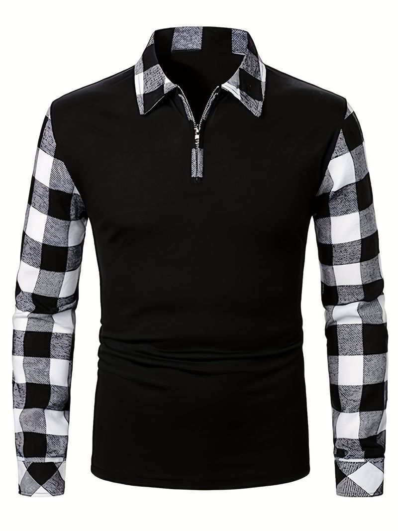Men's Long Sleeved Flannel Plaid Collar Polo Shirt Half Zip Shirt_voghion.com