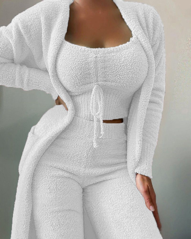 women's clothing, fashionable and casual plush lace-up cardigan 3-piece trousers suit_voghion.com