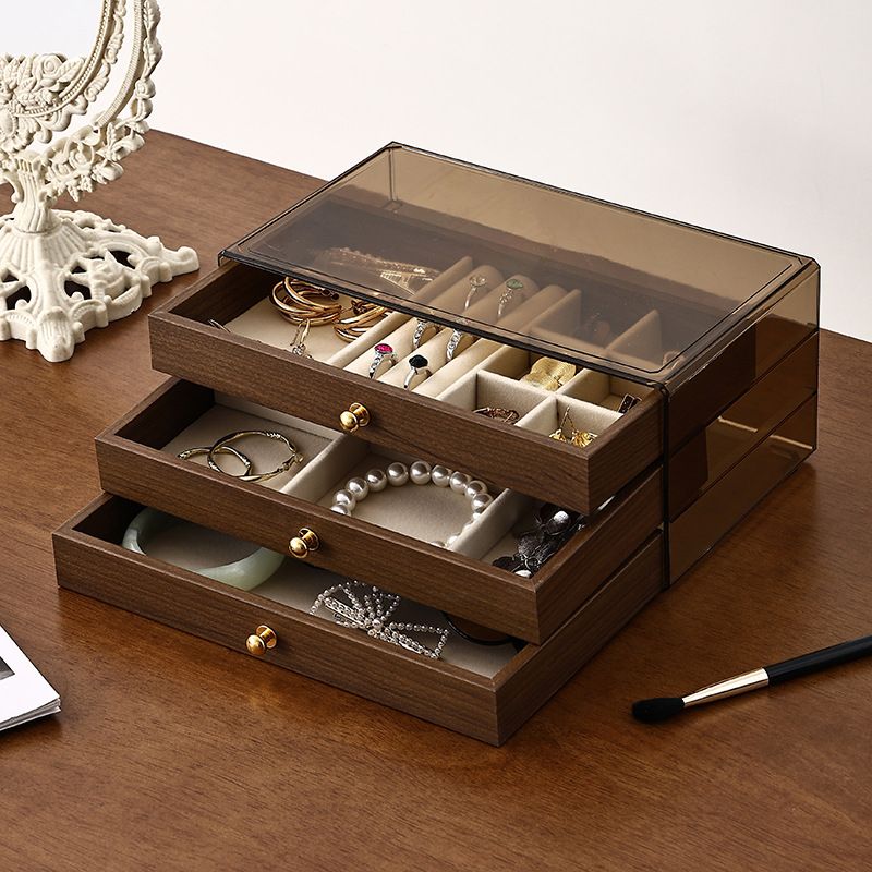 Joyero multifuncional tres en uno de madera maciza con cajón, color nogal, resistente al polvo y a la humedad._voghion.com