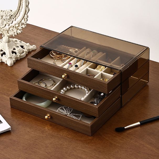 Joyero multifuncional tres en uno de madera maciza con cajón, color nogal, resistente al polvo y a la humedad._voghion.com