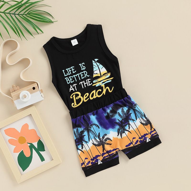 Jongens zomerse strandvakantie stijl kokosnoot boom strand mouwloze vest shorts tweedelig set_voghion.com
