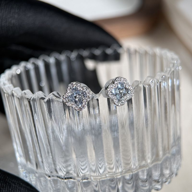 Exquisite Full Diamond Blue Clover Earrings With Feminine Temperament, Light Luxury And High-End Feeling, Flower_voghion.com