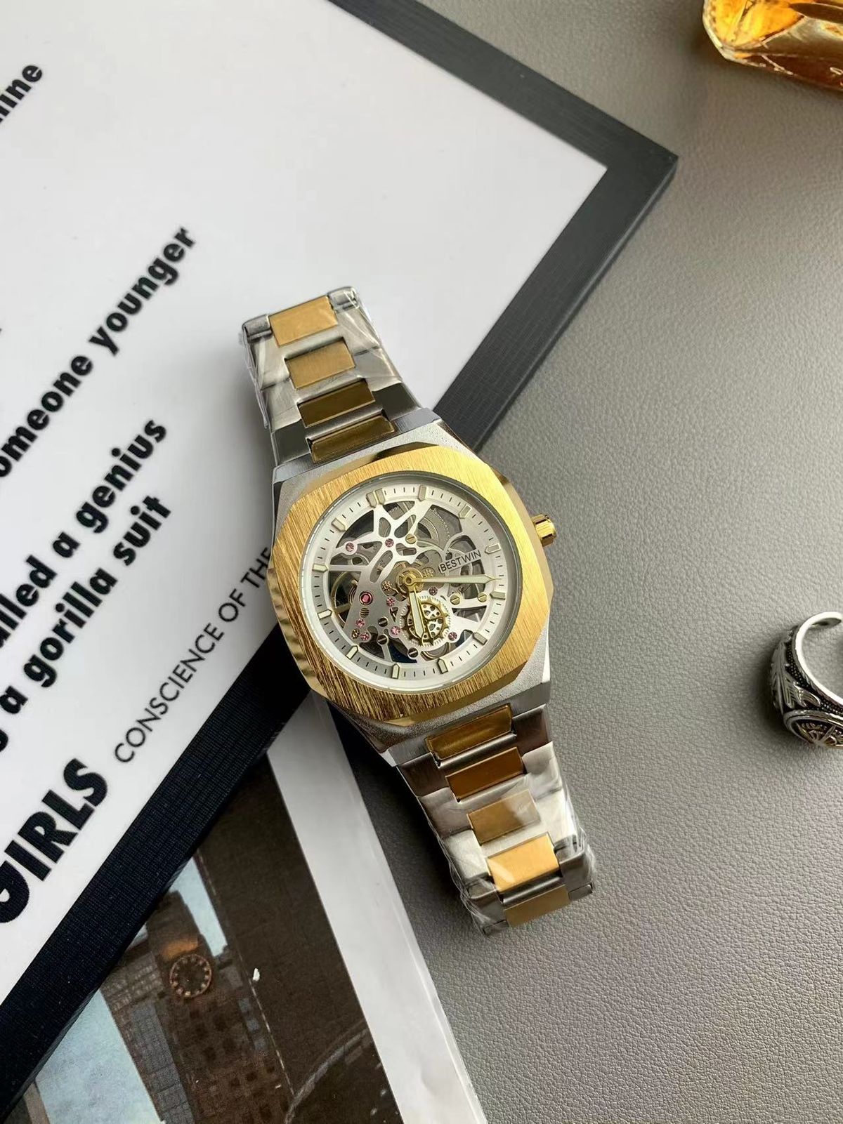 Square Watch Men's Steel Belt Waterproof Personalized Hollow Non-mechanical Trend Hip-hop Local Tyrant Gold Green Quartz Small Square Watch_voghion.com