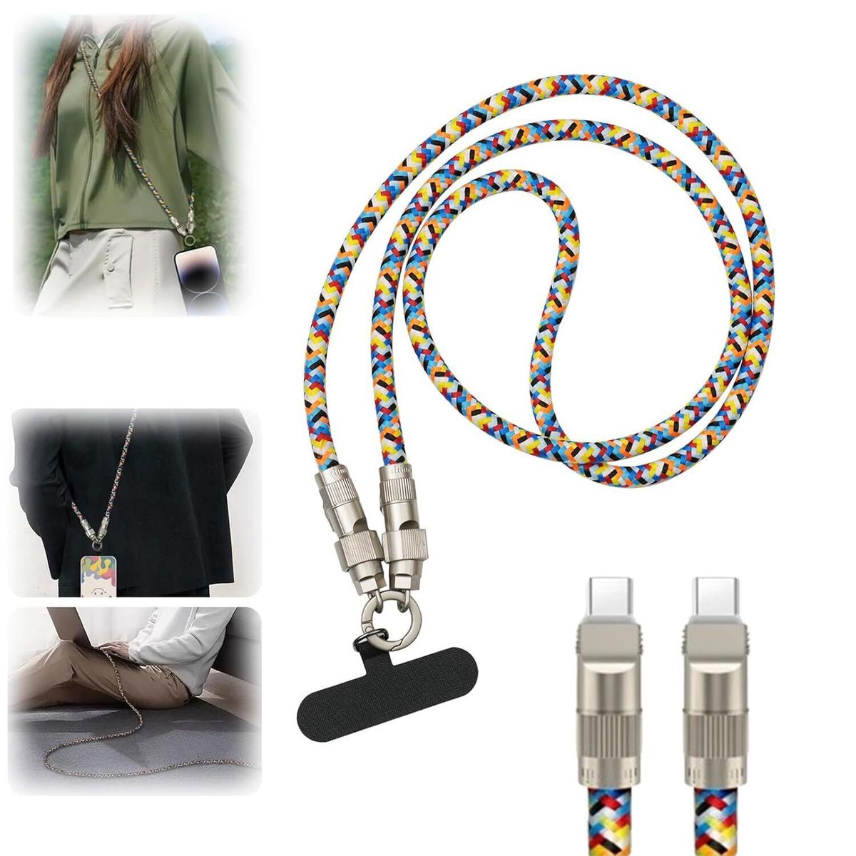 Cordon pour téléphone portable et câble de chargement 2 en 1, câble USB-C vers USB-C + cordon pour téléphone_voghion.com