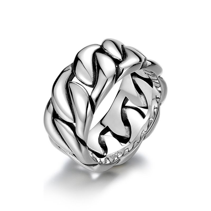 Sterling Silber Plain Band Gewebtes Muster Herren Kubanischer Kettenring Trendy High-End Persönlichkeit Einfache Ins Accessoires_voghion.com