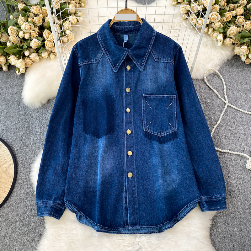 Damkläder Retro temperament enkelknäppt blå jeansskjorta kvinnlig koreansk stil lös avslappnad mångsidig design skjorta jacka höst_voghion.com