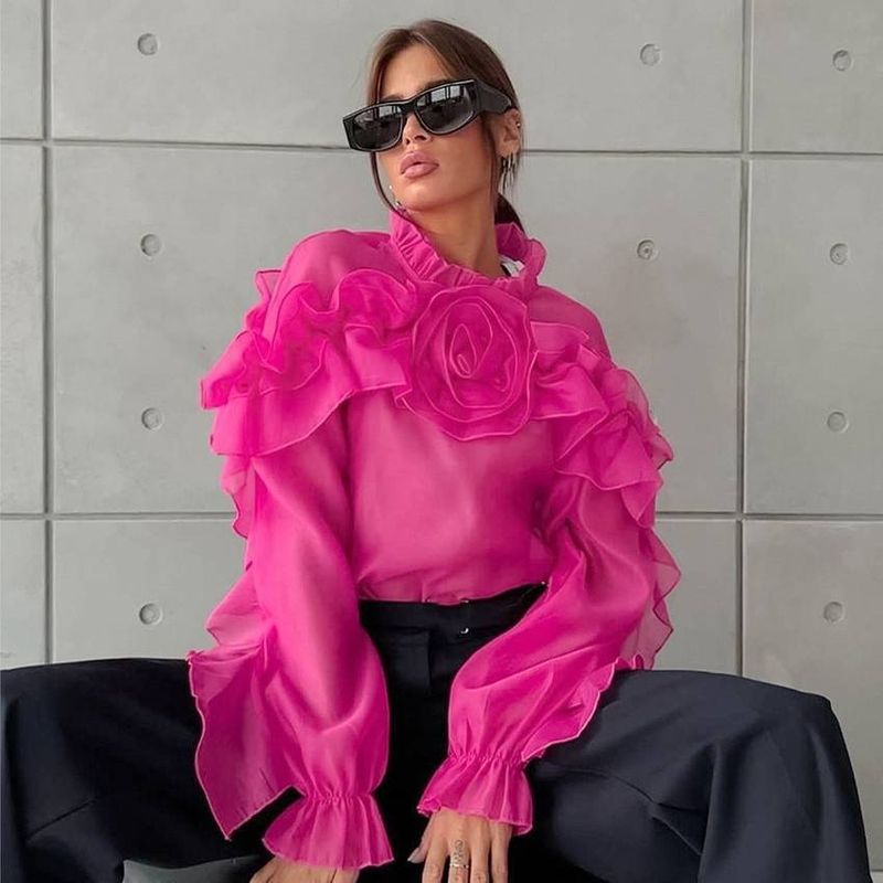 Women's Clothing temperament mesh small stand up collar pullover layered ruffle shirt _voghion.com