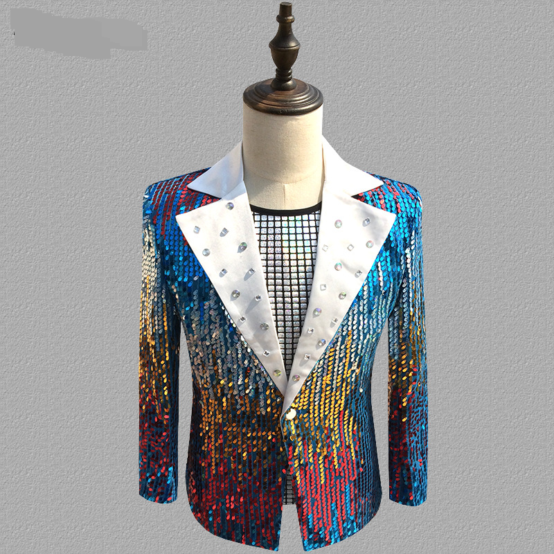 Men's Clothing Men's Sequin Costumes Slim Host Master of Ceremonies Dresses Casual Korean Version Multicolor Suit Stage Costumes_voghion.com
