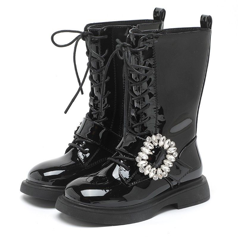 Sapatos infantis Meninas botas pretas Martin 2024 outono e inverno novo bebê mais botas de couro de veludo botas infantis tubo longo fundo grosso dois sapatos de algodão_voghion.com