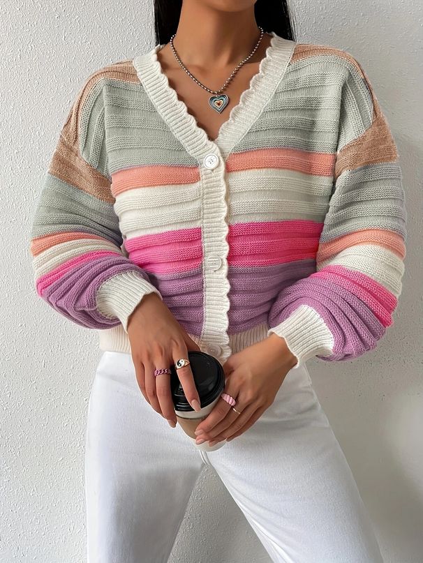 Women's Colorblock Knit Cardigan Rainbow Striped Oversized Sweater With Lantern Sleeves Soft V-Neck Open Front Casual Fall Winter Fashion_voghion.com