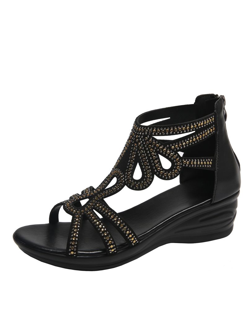 New Wedge Heel Thick Bottom Diamond Round Head Open Toe Solid Color Back Zipper Women's Large Size Sandals_voghion.com