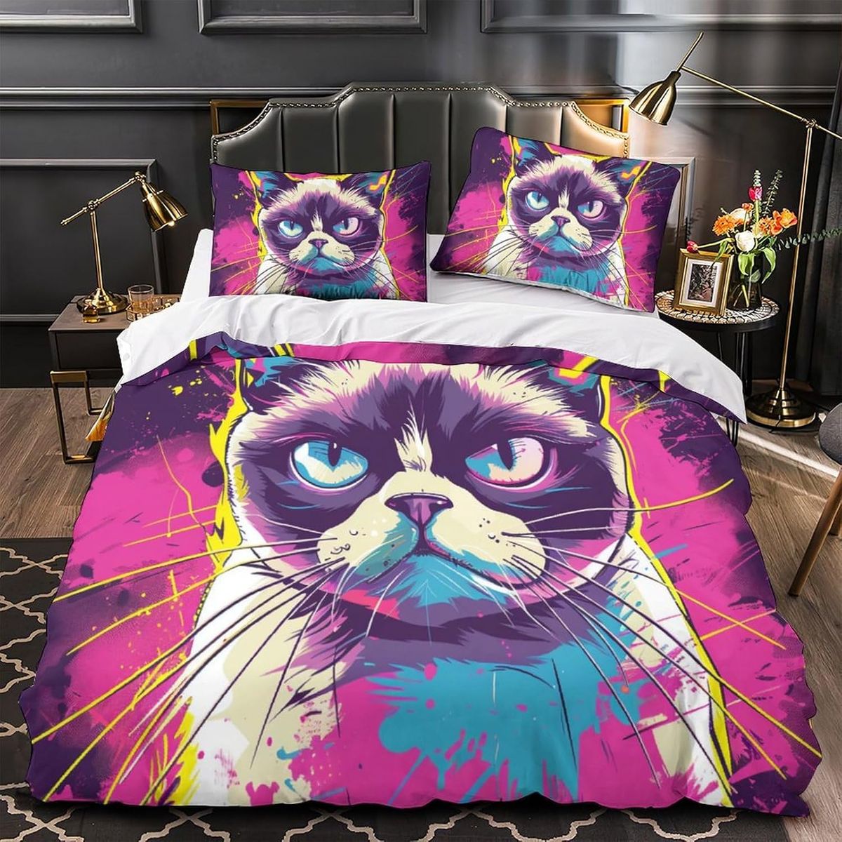 Parure de lit 3 pièces avec housse de couette imprimée en 3D Grumpy Cat, en microfibre douce avec fermeture éclair, taies d'oreiller pour adolescents et adultes._voghion.com