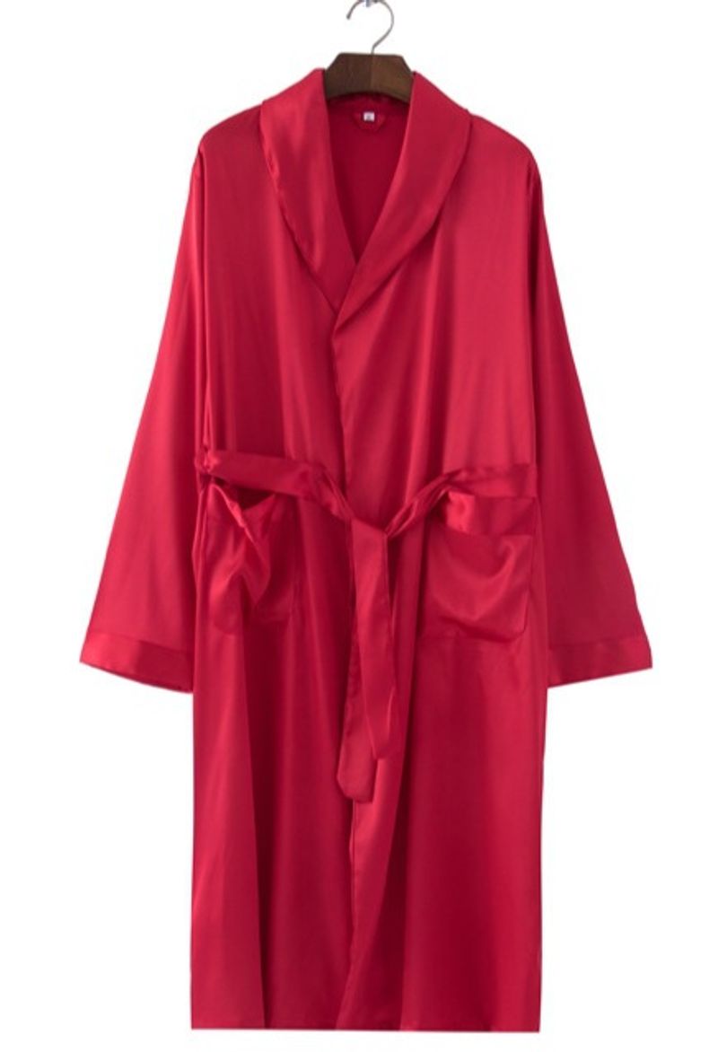 men's solid color cardigan robe summer thin   silk robe loose large size long sleeve bathrobe_voghion.com