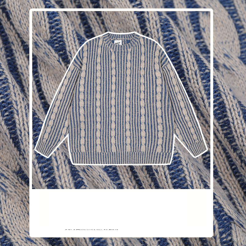 Abbigliamento maschile Maglione vintage retrò in maglia a trecce color denim lavato sporco per uomo e donna, tutto abbinato, maglione a righe con trama larga_voghion.com
