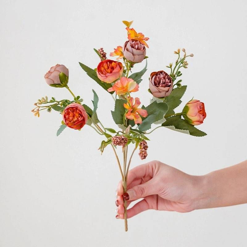 Retro 5-zackiger Rouge-Perlenstrauß Rosenblumendekoration Blumen Kunstblume Kunstblume Dekoblume Seidenblume_voghion.com