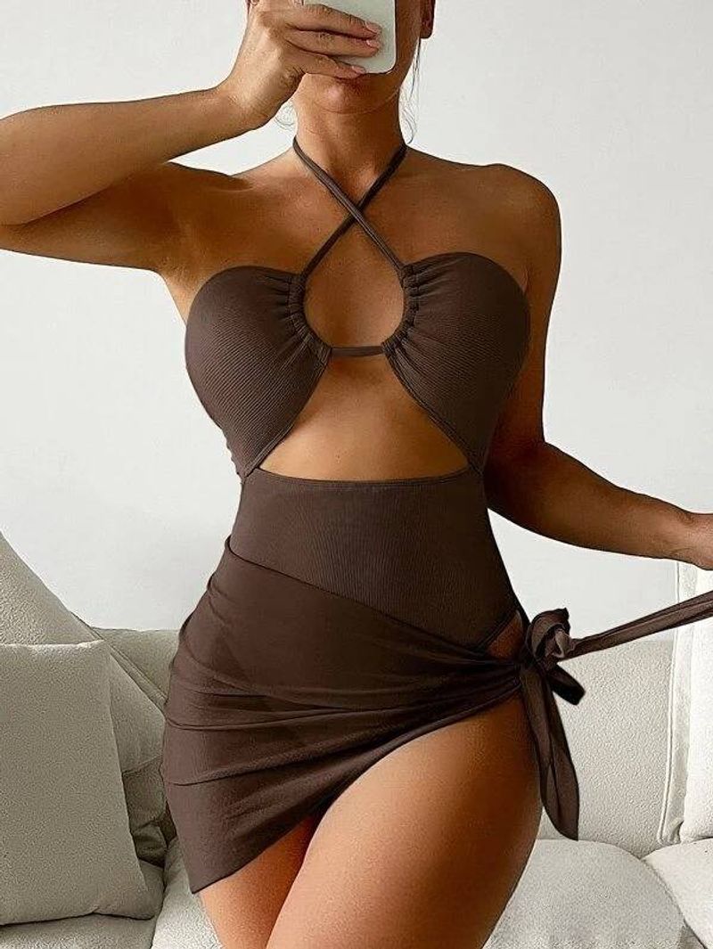 Damenbekleidung Sexy Multi Color Fashion Bikini Bikini Small Pit Stripe Mesh Rock Dreiteiliger Damenbadeanzug_voghion.com