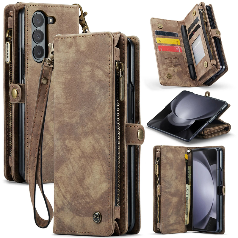 Capa tipo carteira com bolso com zíper para Samsung Galaxy Z Fold 5 com suporte para caneta S, pulseira de couro vegano vintage, capa com suporte magnético_voghion.com