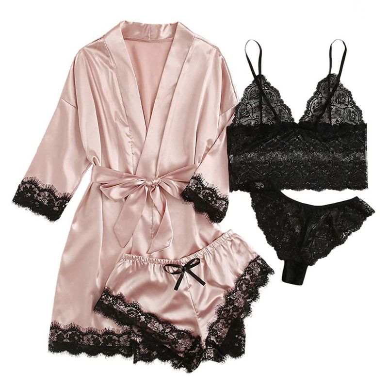 New Ladies' Sexy Pajamas Multi Piece Suits Lace Satin Suspender Nightgown_voghion.com