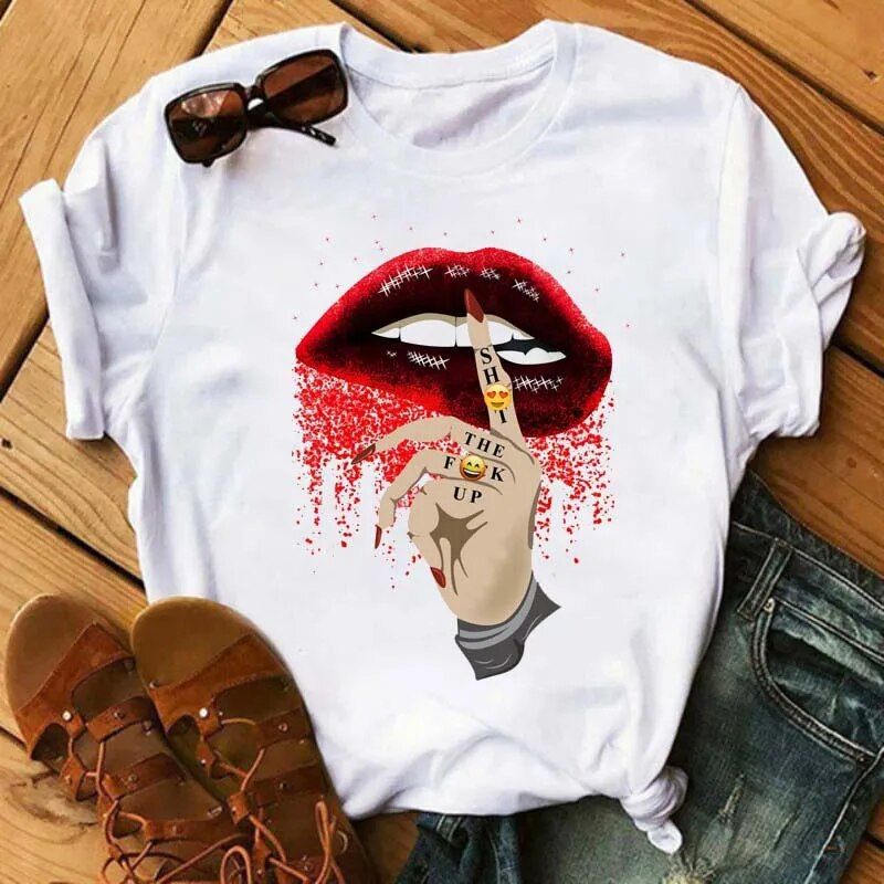 Neue Liebe Lippen T Hemd Frauen Sommer Casual T-shirts Tees Haruku Koreanische Stil Grafik Tops 2021 Neue Kawaii Weibliche T-shirt845_voghion.com