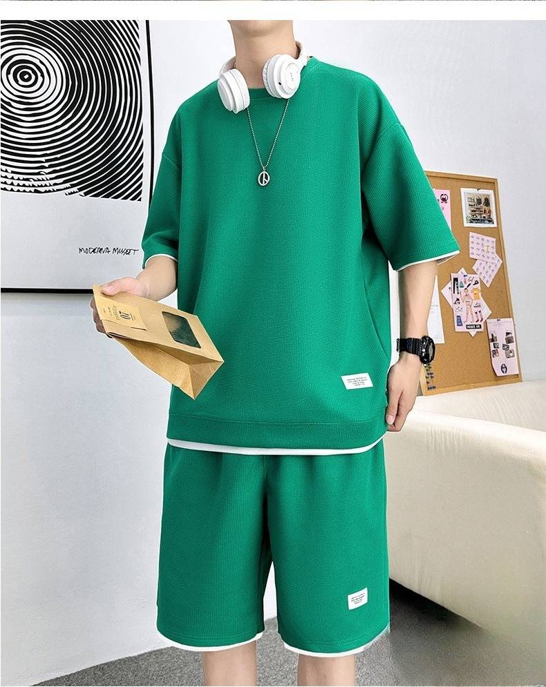 Men's Clothing Summer short T suit men's student men's tops fashionable casual simple shorts loose versatile trendy two piece suit_voghion.com