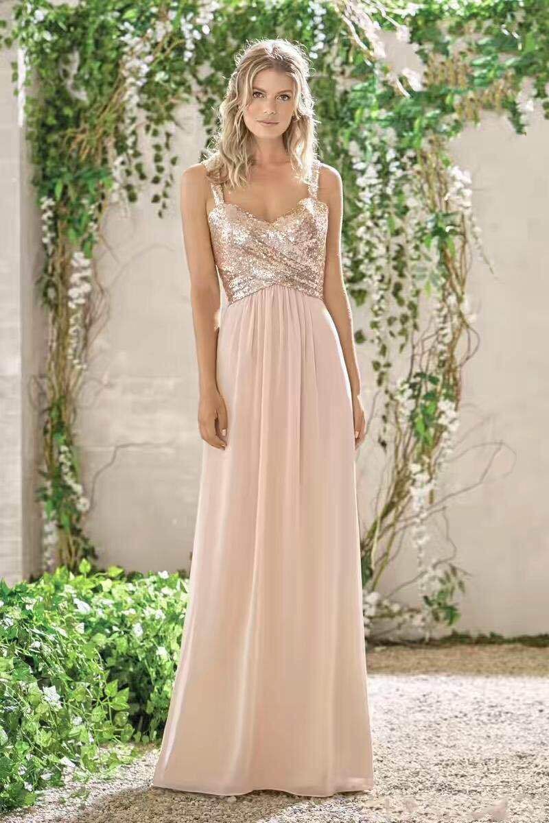 Damen Ballkleed A-Linn Récklos Roségold Pailletten Chiffon Brautjungferkleed_voghion.com