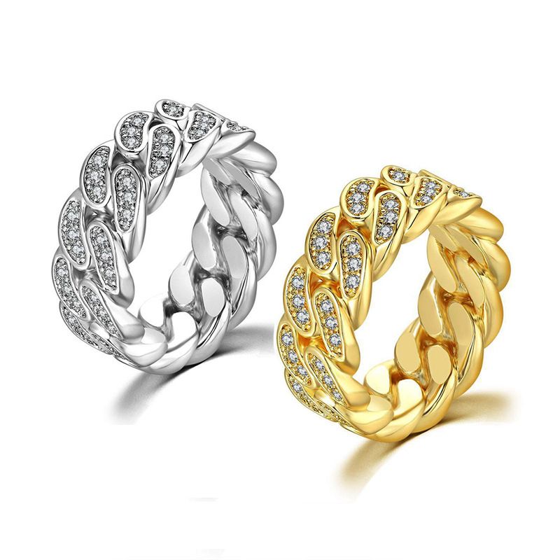 Hip Hop Cuban Chain Inlaid With Zircon Electroplated Real Gold Color Men's Ring_voghion.com