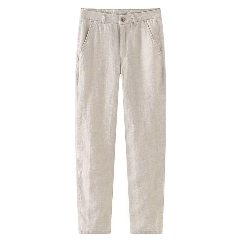 Pantaloni in lino per uomo, pantaloni retrò da uomo, pantaloni casual primaverili in cotone e lino tinta unita, pantaloni larghi e dritti da abito, pantaloni in cotone e lino da uomo_voghion.com