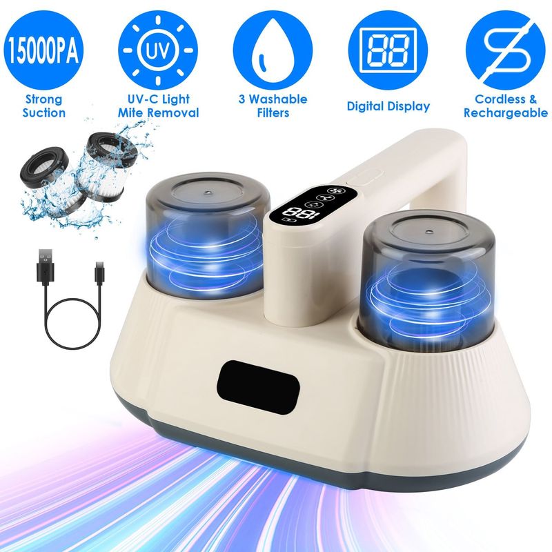 15000PA Double-Cup Bed Vacuum Cleaner With UV-C Light Cordless Mattress Vacuum Rechargeable Dust Mites Remover With 3 Washable Filters_voghion.com