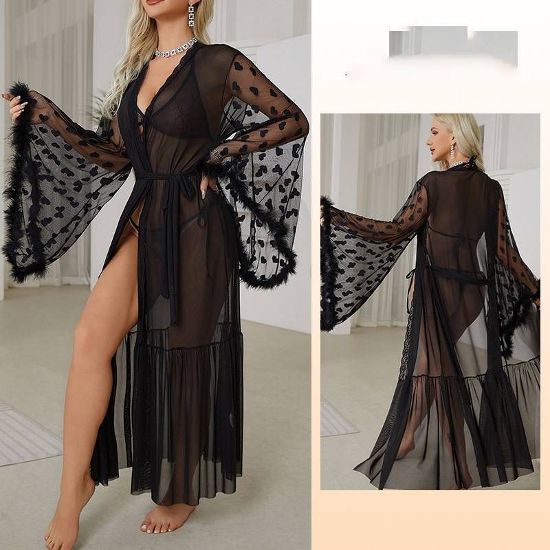 Women's Sleepwears Sexy Mesh Nightgown Temptation Sexy Lingerie Cardigan Pajamas Ladies Bathrobe Home Robe_voghion.com