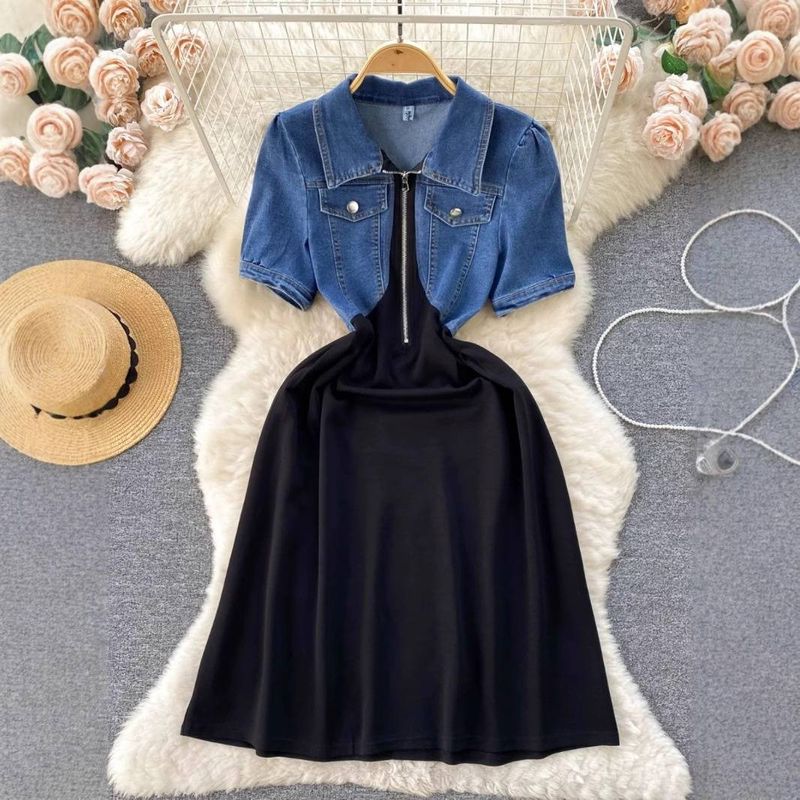Women's Clothing Early Spring New Short Sleeved Denim Design Contrast Color Stitching Zipper Slimming The Age Reducing Dress_voghion.com