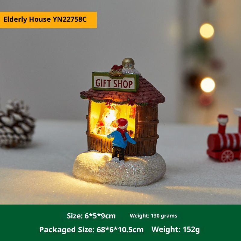 Décoration de Noël miniature en résine lumineuse - Miniature de boutique vintage avec lumières LED pour décoration de table pendant les fêtes (vert/rouge/bleu)_voghion.com