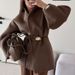 "Women's Wool-Look Trench Coat – Belted Long Polyester Coat With Stand Collar (Brown) S/M/L"_voghion.com