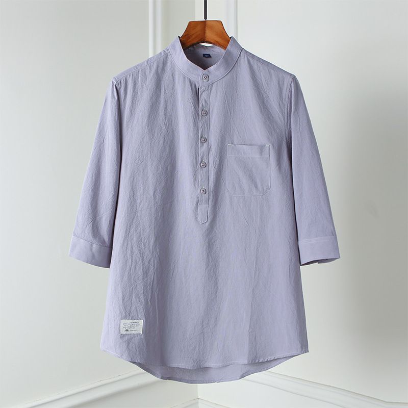 Camicia Henley da uomo in misto lino – Manica corta, collo alto e antirughe (S-XXXXL)_voghion.com