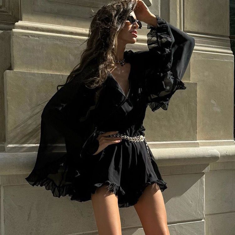 Sommer Langarm Mesh Rüschen Pendler Schwarz Taille-Cinching Kurze Frauen Bequeme Kleid_voghion.com