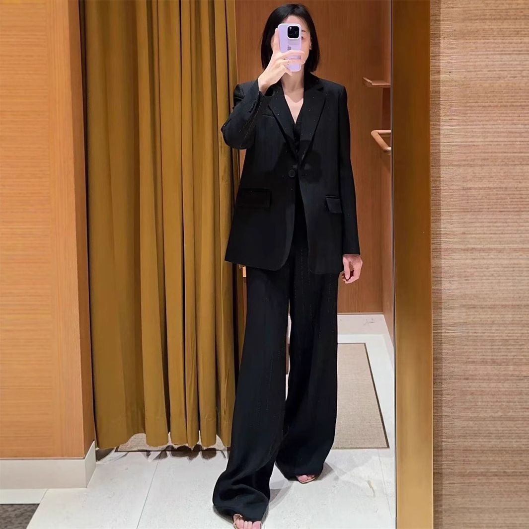 GraceChic French Elegant 25 Spring Summer New Sequin Striped Solid Color Single Button Blazer Vest + Wide-Leg Pants Set_voghion.com