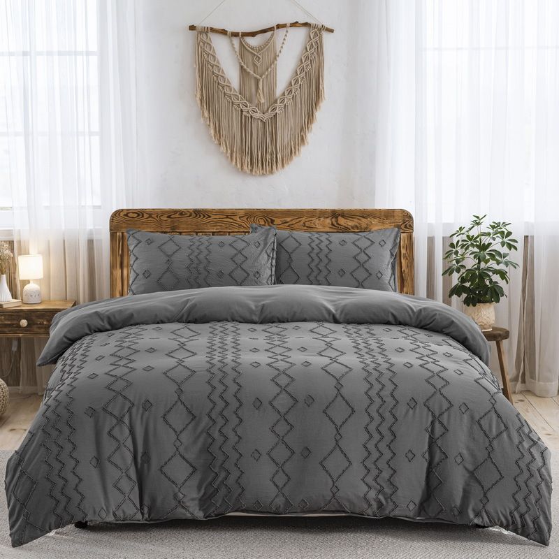 Juego de ropa de cama de tres piezas con funda de edredón y estampado de ondas en gris diamante con bordado de fibra suave._voghion.com