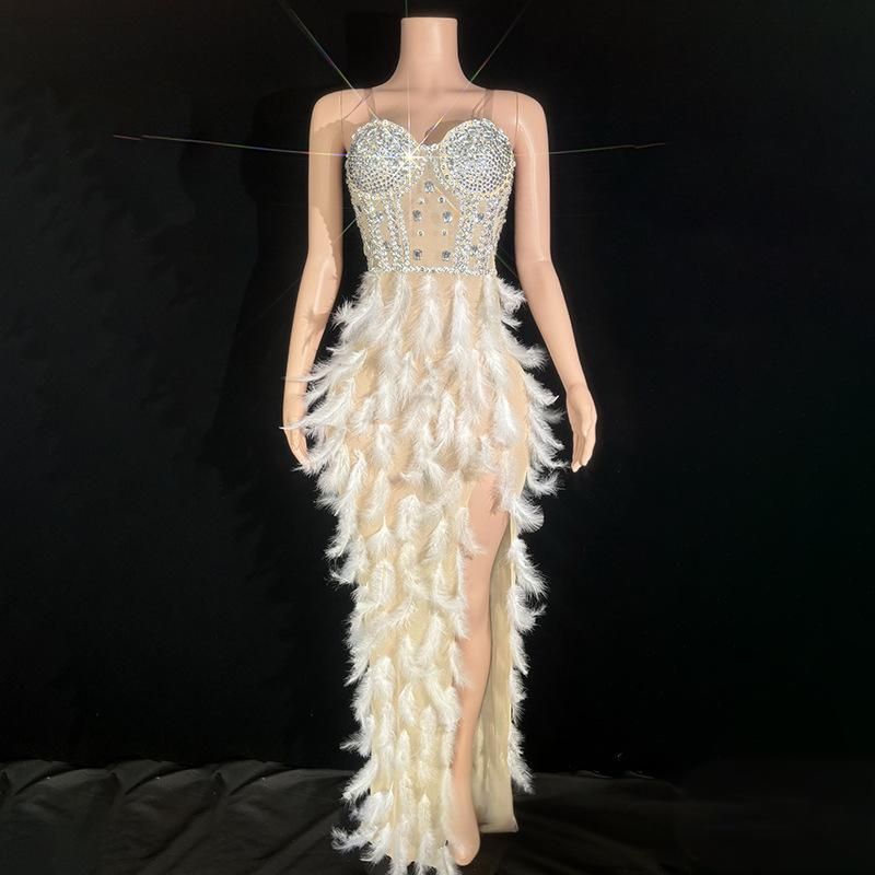 Damenbekleidung Tube Top Feder Hochschlitz Verlobungsbankettkleid Firmenjahresversammlung Preisverleihung Abendkleid_voghion.com