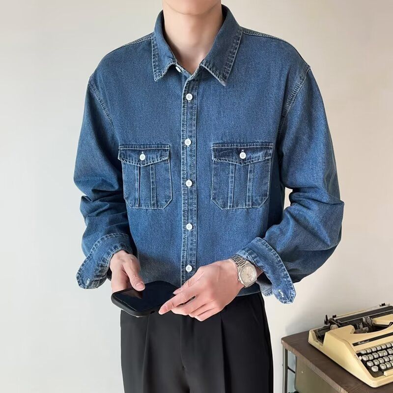 Light Ripe Style Spring And Autumn Clothes Top Korean Loose Long-sleeved Shirt Men's Trend Washed Denim Shirt_voghion.com