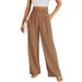 Calça social feminina de cintura alta e pernas largas para trabalho e escritório - Calças casuais confortáveis para negócios com bolsos, tecido de poliéster, sem elasticidade_voghion.com
