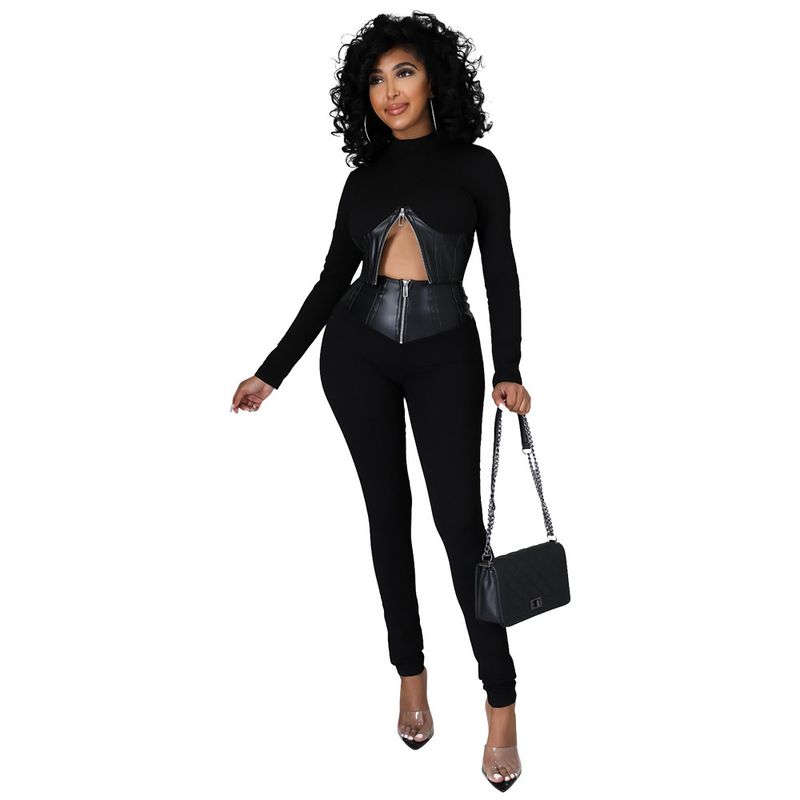 Women's two-piece set gas commuting splicing suit long-sleeved solid color fashion casual suit slim_voghion.com