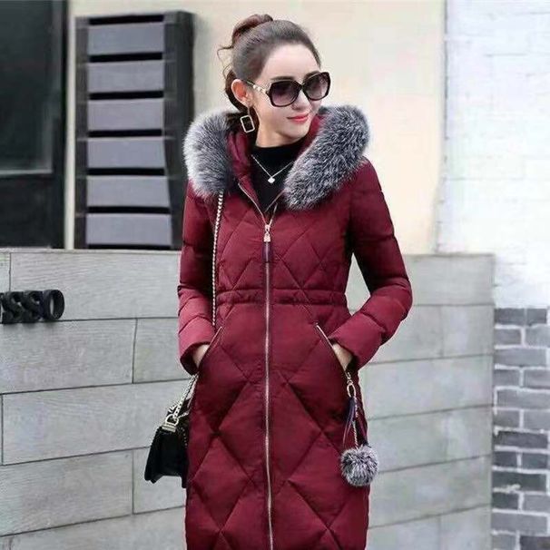 Abrigo largo de invierno para mujer con cuello de piel - Plumífero grueso de algodón - Abrigo abrigado hasta la rodilla para clima frío - Rojo/Negro/Rosa/Burdeos (S-XXXL)_voghion.com