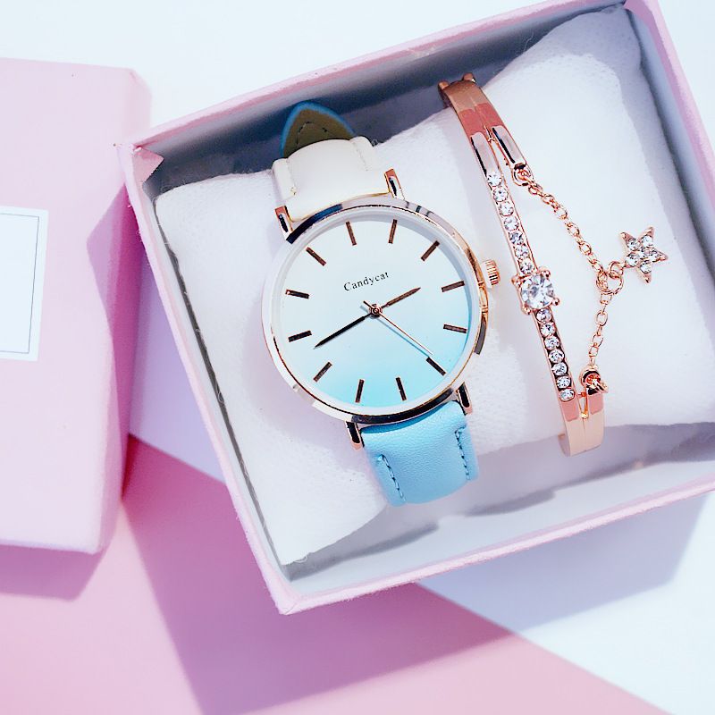 2pcs/set Watch Bracelet Set Ladies Fashion Trend Gradient Belt Quartz Watch + Star Bracelet_voghion.com