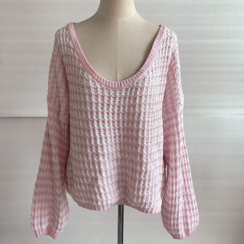 Women's new autumn and winter large V-neck wavy striped color-blocked sweater beach loose pullover sweater_voghion.com