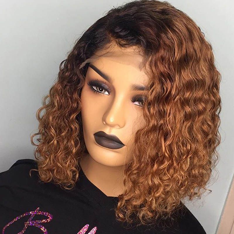 1B #/27 # T-Kleur Krullend Bob Pruiken Menselijk Haar 150% Dichtheid Ombre Diep Krullend Kant voor Pruiken Pre Geplukt_voghion.com