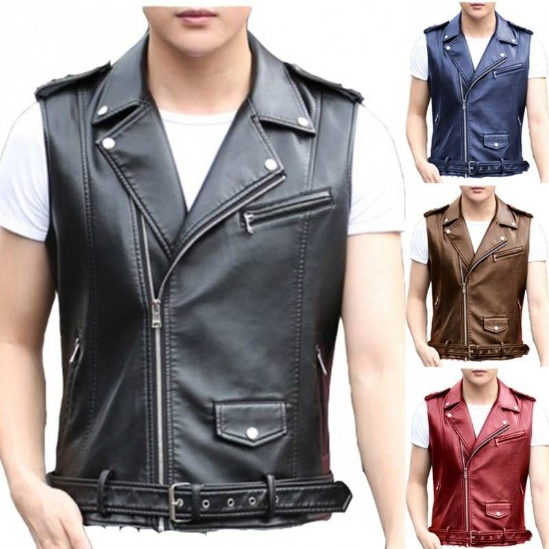 Men's Clothing Slim Punk Motorcycle Sleeveless Leather Jacket Vest Diagonal Zipper Pu Leather Vest For Men_voghion.com