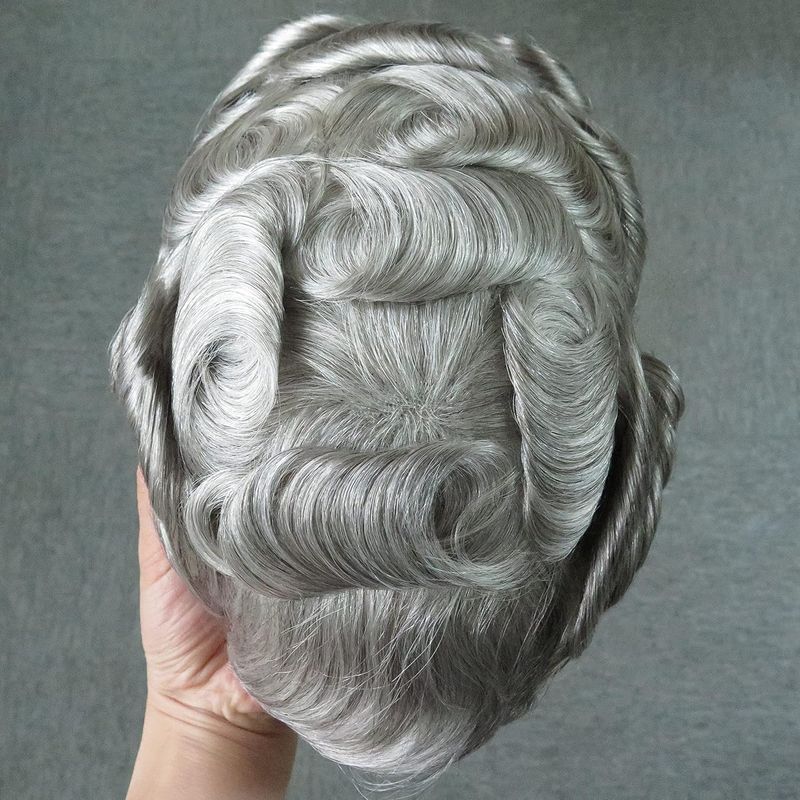 Swiss Lace Toupee For Men 100% Human Hair Piece 90% Density Hair Replacement System Natural Hairline Real Men Wigs Off Black With 80% Grey Color #1B80_voghion.com