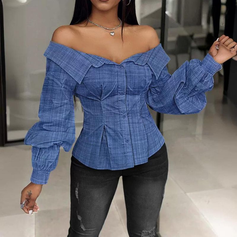 Spot Black Off-shoulder One-shoulder Lantern Sleeve Shirt_voghion.com