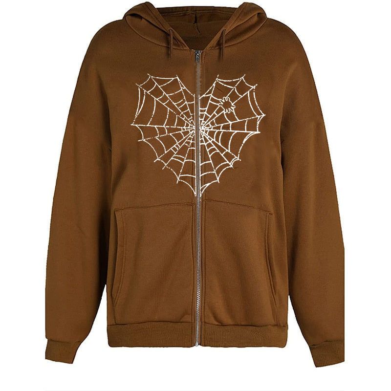 Men's Clothing American trendy brand fashionable spider web print zipper hooded cardigan Men's casual versatile long sleeved sweater cardigan_voghion.com