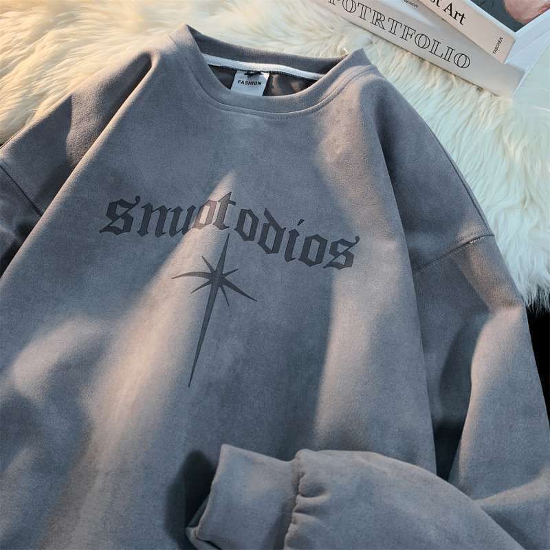 Felpa con cappuccio e scollo rotondo in pelle scamosciata con stampa di lettere High Street, foderata in pile, per uomo, autunno inverno, unisex, casual_voghion.com