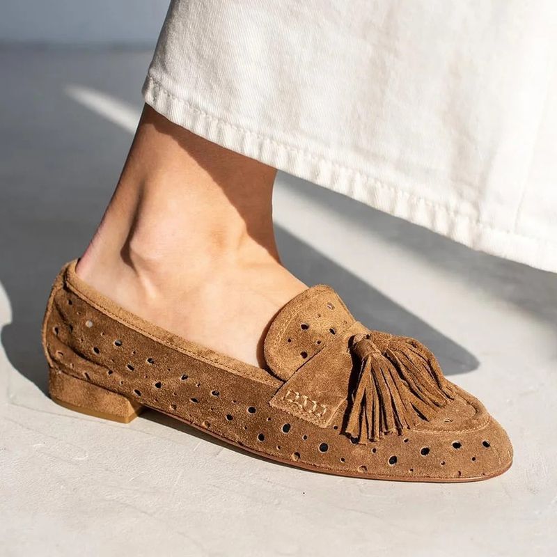 Vintage Fringe Suede Loafers For Women - Boho Round Toe Slip-On Shoes With Low Block Heel & Perforated Design​_voghion.com